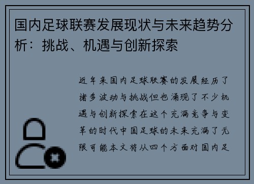 国内足球联赛发展现状与未来趋势分析：挑战、机遇与创新探索